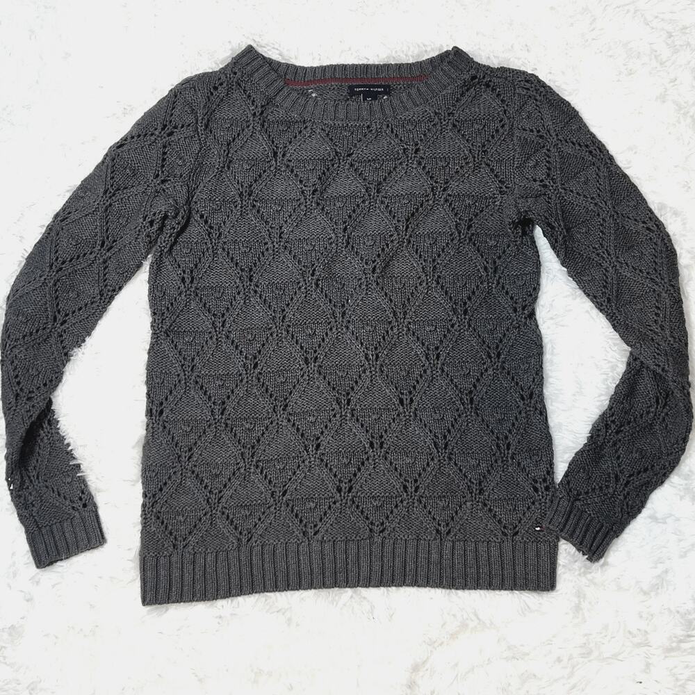 Tommy Hilfiger Sweater Womens Small Gray Cable Open Knit Long Sleeve Pullover